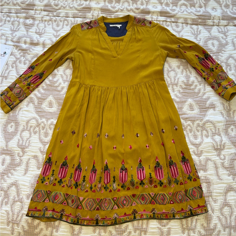 Yellow Bohemian Dress with Embroidery